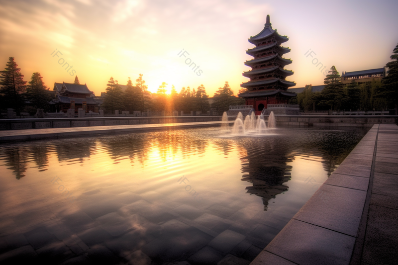 落日下的古建筑与水面倒影高清特写摄影图,高清,摄影图,摄影图片,图片大全,摄影图免费下载